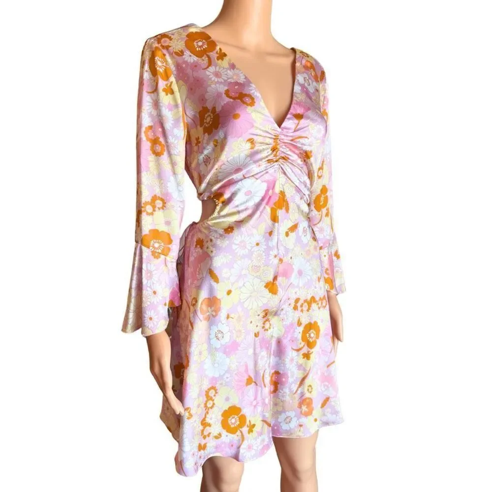 NWT Maje Flower Power Printed Satin Dress Pink Floral Long Sleeve V-Neck 40 US 8